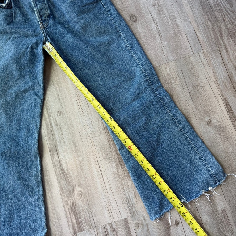 Reformation Mid Crop Flare Jeans Baltic Wash Blue Button Fly Raw Hem Size 28 - Picture 8 of 12